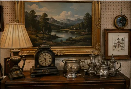 Antique mantel clock with an oil painting and silver service