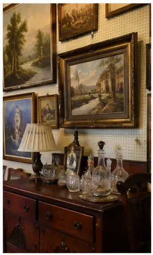 Framed oil paintings above a dresser with cut-glass decanters