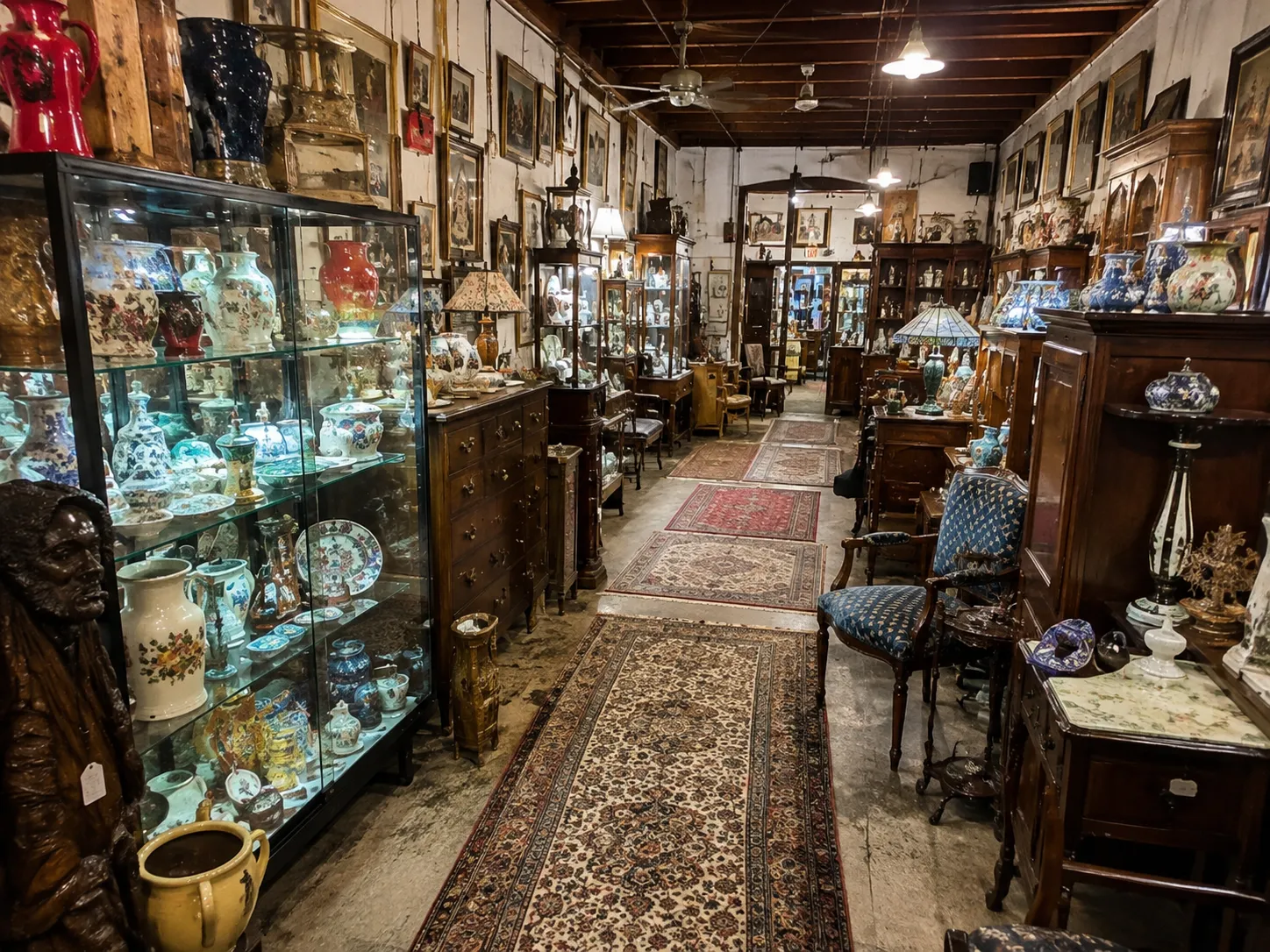 Inside a Kolectic Treasures antique market — lit glass display cases, oriental runner rugs, and rows of treasures down the aisle