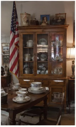 Oak china cabinet full of dishware beside an American flag
