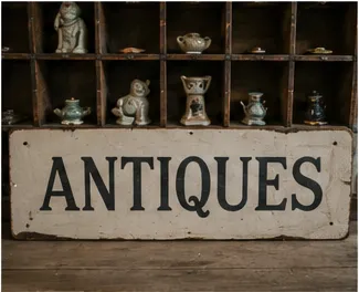 Vintage painted ANTIQUES sign with rows of figurines